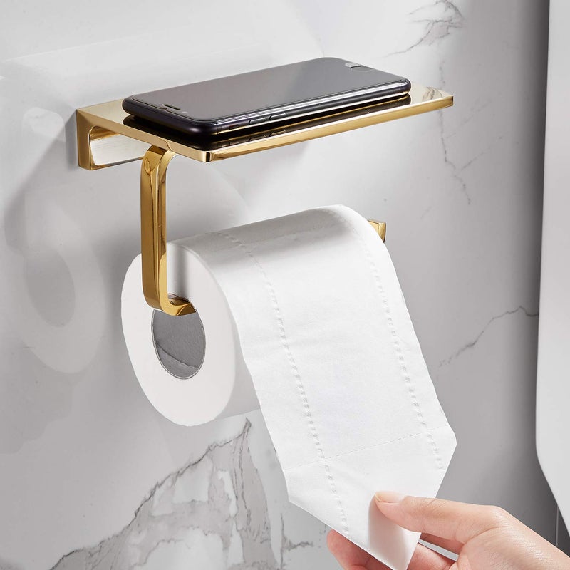 LANGPAI Toilet Paper Holder for Bathroom Solid Brass and Superior Hotel Style Tissue Roll Holder with Cell Phone Storage Gold Finish - Image 4